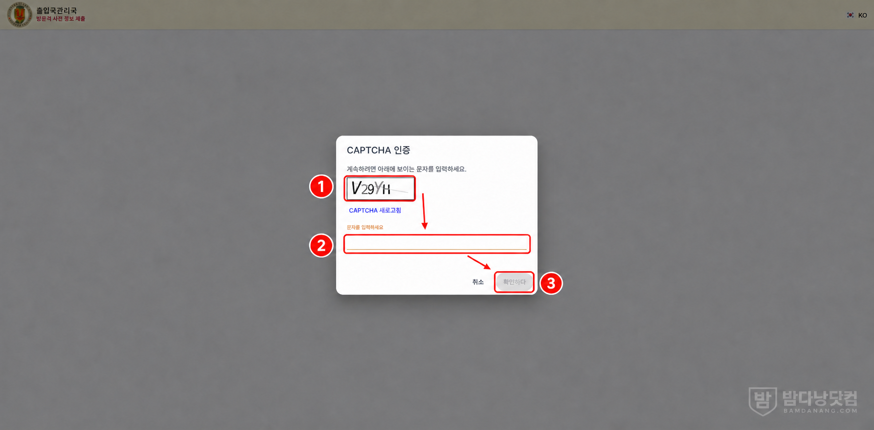베트남 전자입국신고 CAPTCHA 문자 확인과 입력 방법